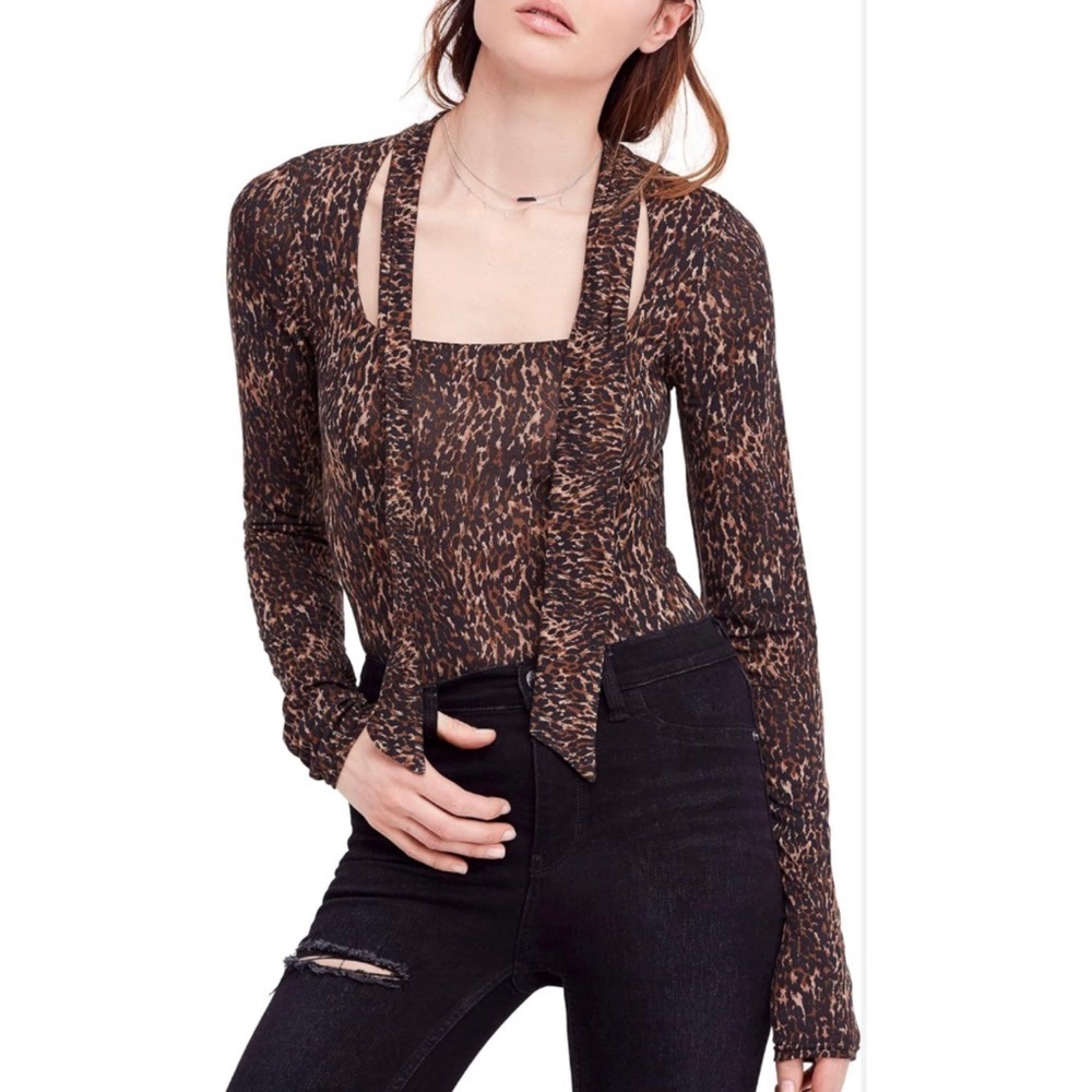 Free People Leopard Print Long Sleeve Stretch Top Sz XS